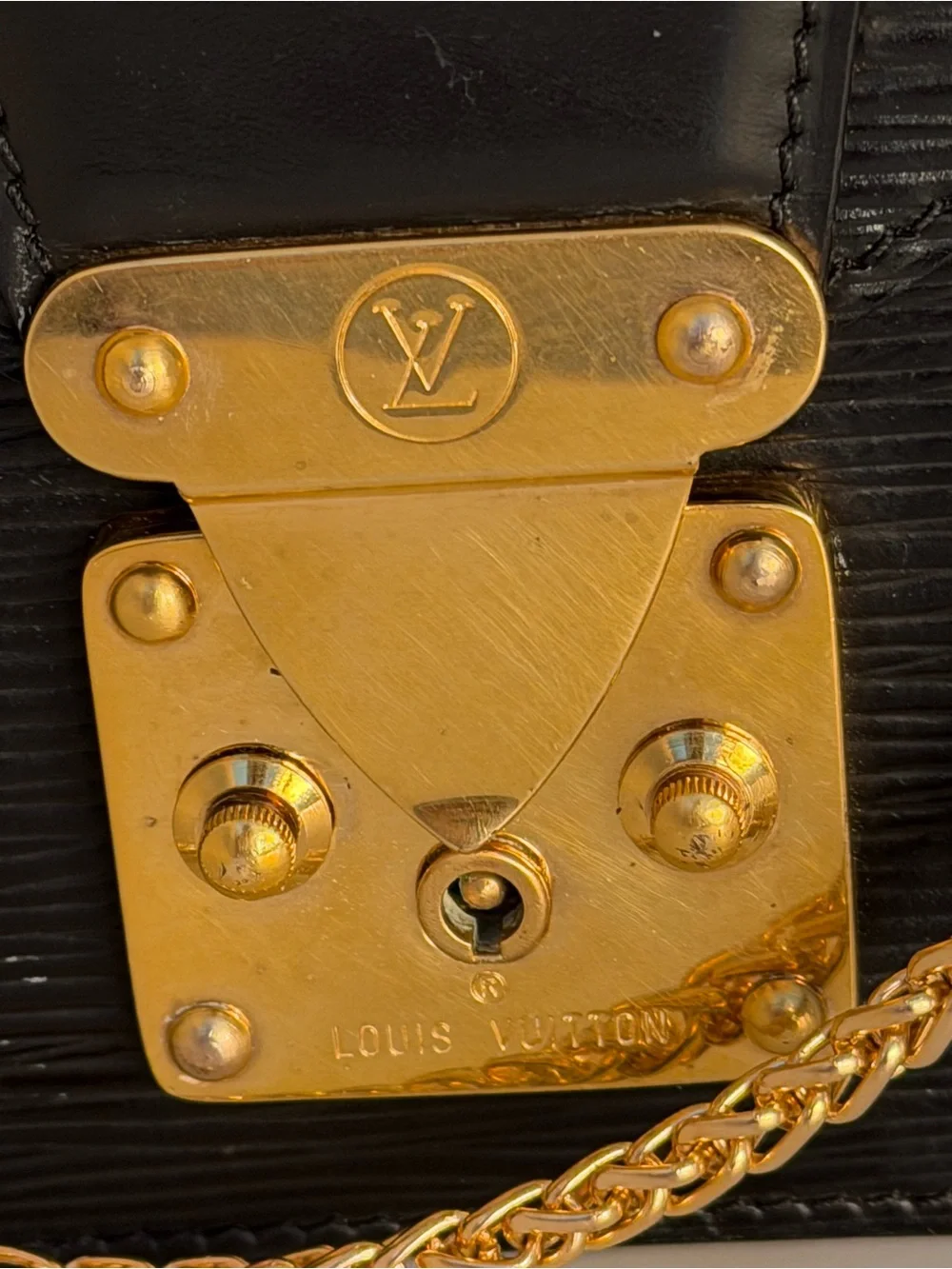 Louis Vuitton Black Epi Leather Clutch with Gold Chain